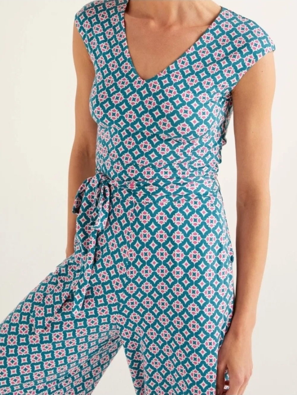 Boden V-Neck Wide-Leg Jersey Jumpsuit in Teal & Pink Print - Size 16/18R - Picture 6 of 15